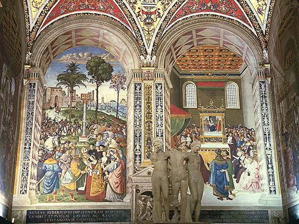 Libreria Piccolomini con affreschi di Punturicchio (1502-1507) e gruppo marmoreo delle Tre Grazie (copia di epoca romana)