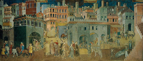 Ambrogio Lorenzetti, affresco del Buon Governo, particolare (1338-1339) Sala dei Nove Palazzo Pubblico